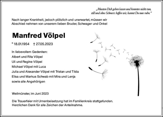 Traueranzeige von Manfred Völpel von Weilburger Tageblatt