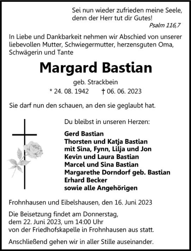  Traueranzeige für Margard Bastian vom 16.06.2023 aus Dill Block