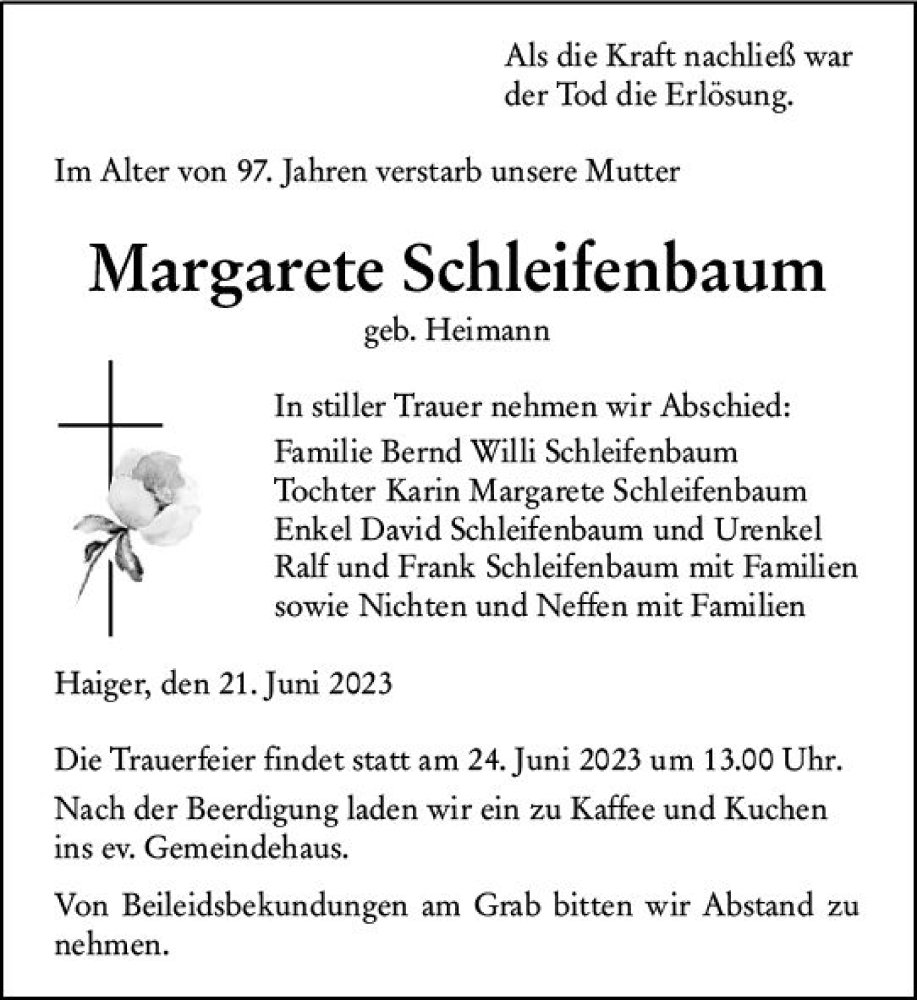  Traueranzeige für Margarete Schleifenbaum vom 21.06.2023 aus Dill Block