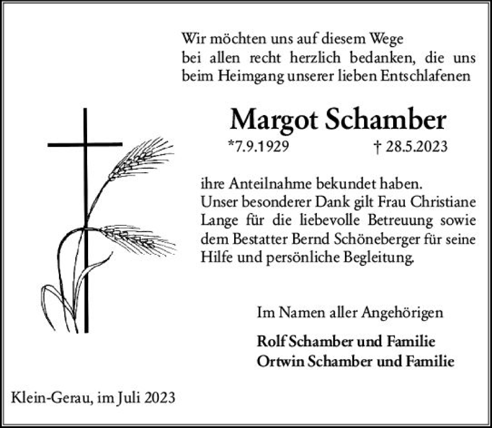  Traueranzeige für Margot Schamber vom 01.07.2023 aus Groß-Gerauer Echo