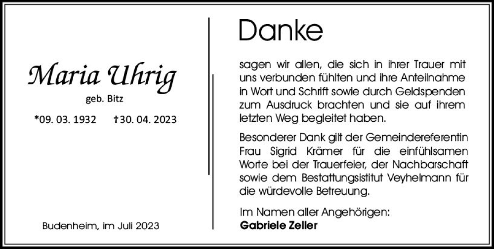  Traueranzeige für Maria Uhrig vom 01.07.2023 aus Allgemeine Zeitung Mainz