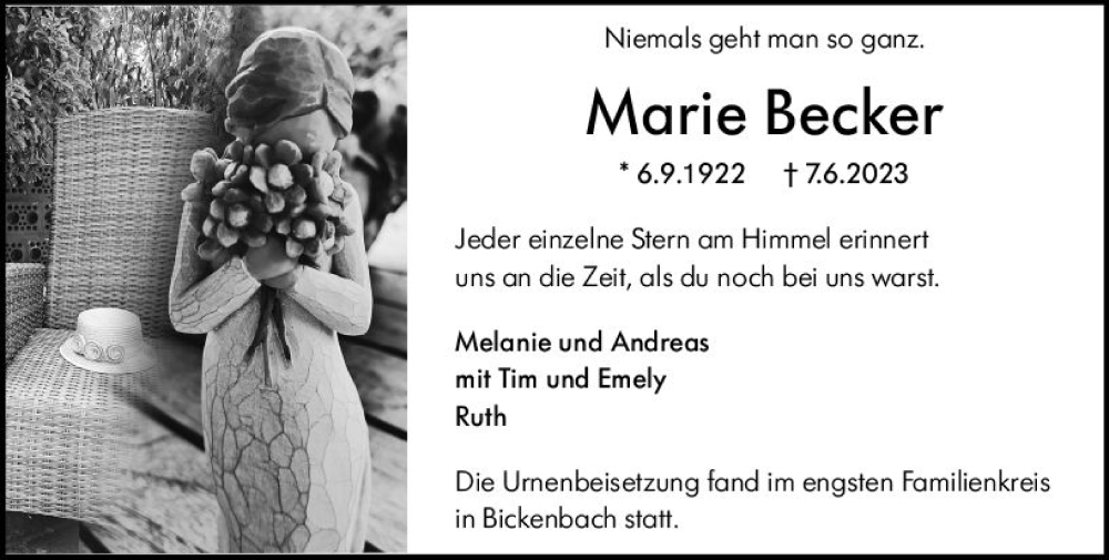 Traueranzeige für Marie Becker vom 01.07.2023 aus Darmstädter Echo