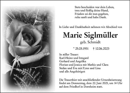 Traueranzeige von Marie Siglmüller von Groß-Gerauer Echo