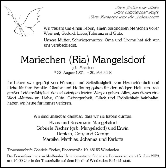 Traueranzeige von Mariechen  Mangelsdorf von Wiesbadener Kurier