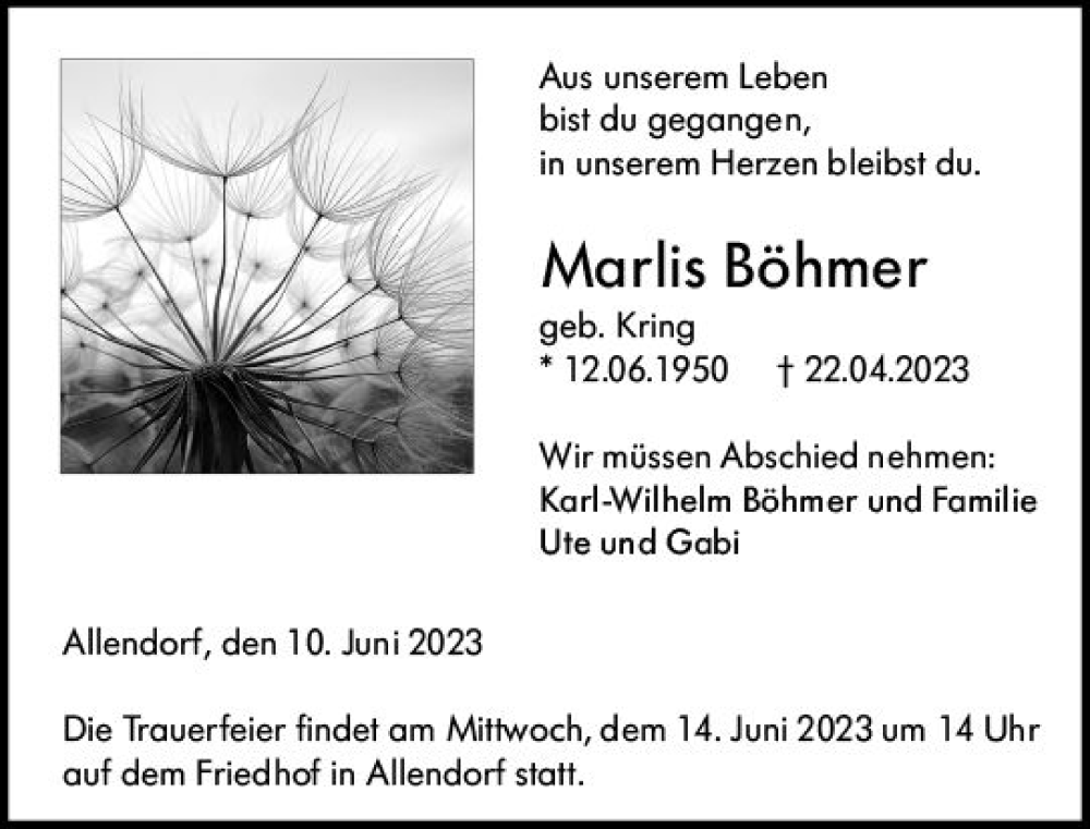  Traueranzeige für Marlis Böhmer vom 10.06.2023 aus Dill Block