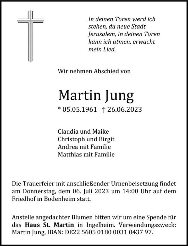  Traueranzeige für Martin Jung vom 01.07.2023 aus Allgemeine Zeitung Mainz