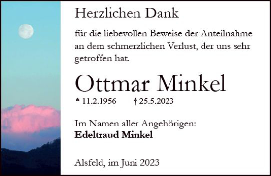 Traueranzeige von Ottmar Minkel von Oberhessen Kurier