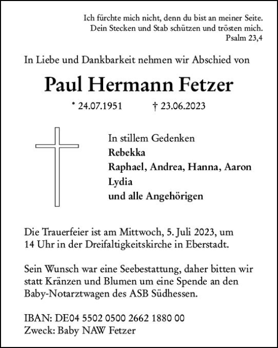 Traueranzeige von Paul Hermann Fetzer von Darmstädter Echo