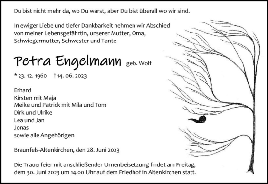 Traueranzeige von Petra Engelmann von Wetzlarer Neue Zeitung