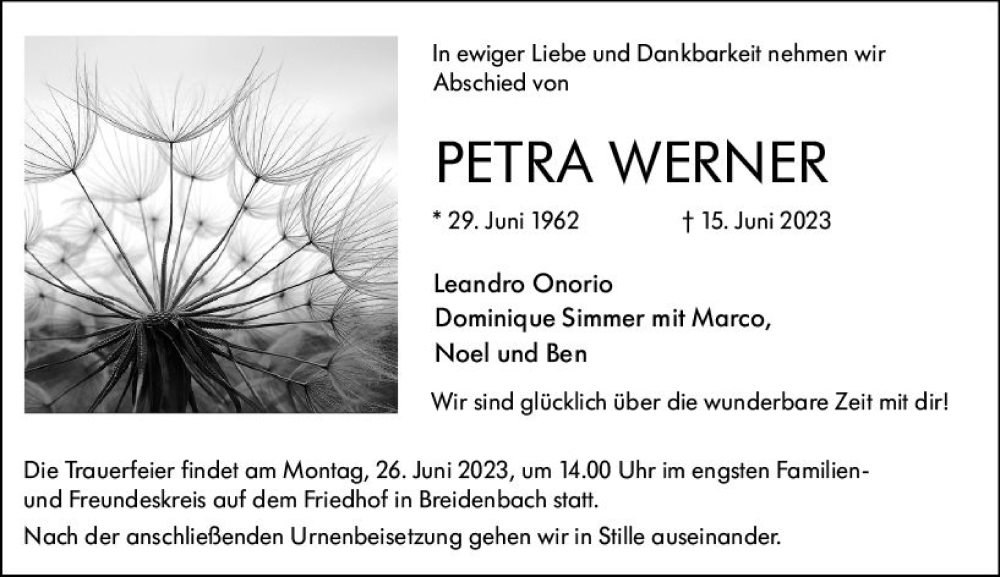  Traueranzeige für Petra Werner vom 20.06.2023 aus Hinterländer Anzeiger