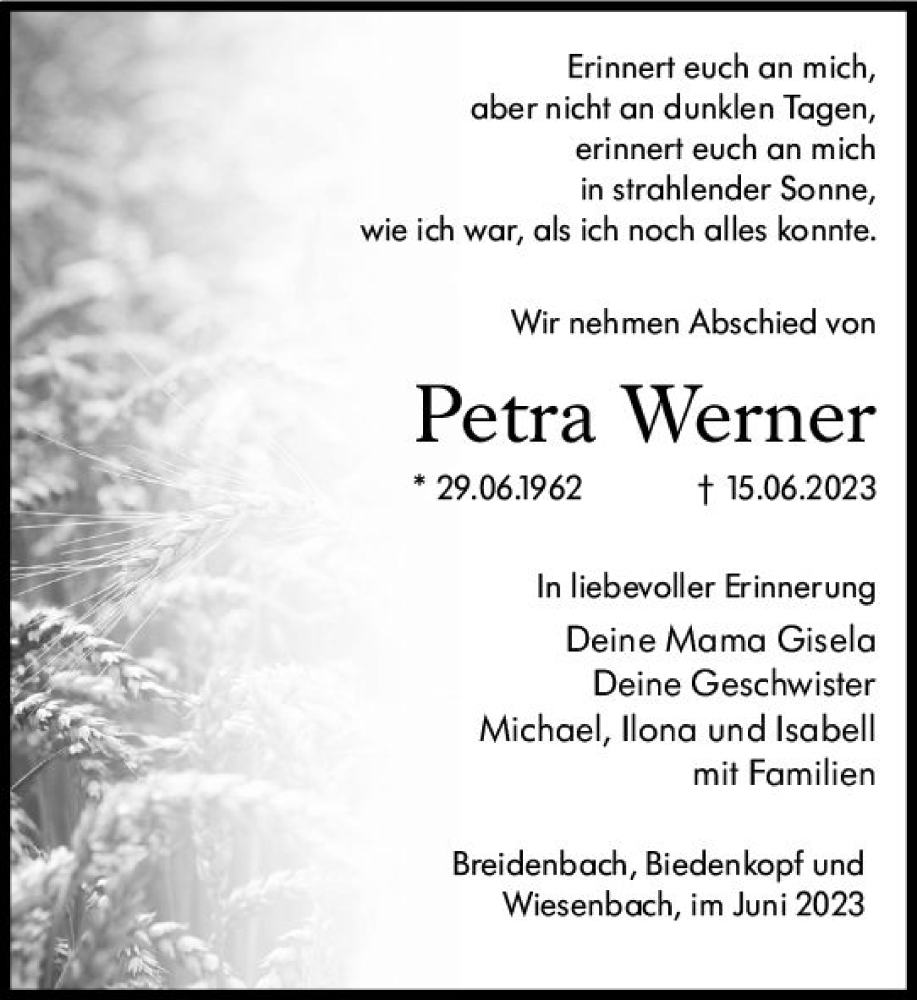  Traueranzeige für Petra Werner vom 22.06.2023 aus Hinterländer Anzeiger