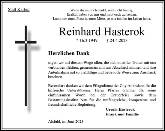 Traueranzeige von Reinhard Hasterok von Oberhessen Kurier