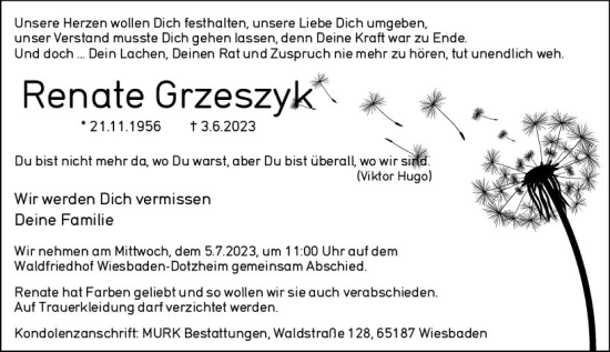 Traueranzeige von Renate Grizeszyk von Wiesbadener Kurier