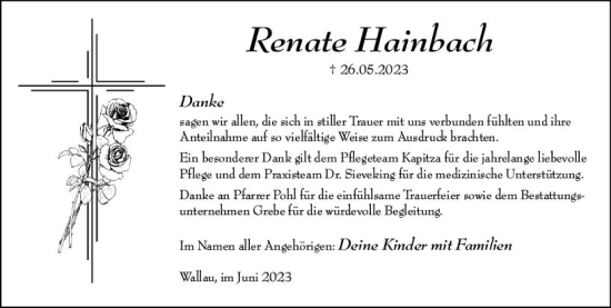 Traueranzeige von Renate Hainbach von Hinterländer Anzeiger