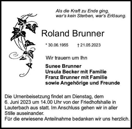 Traueranzeige von Roland Brunner von VRM Trauer