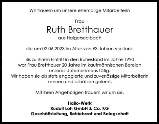 Traueranzeige von Ruth Bretthauer von Dill Block
