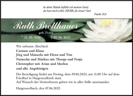 Traueranzeige von Ruth Bretthauer von Dill Block