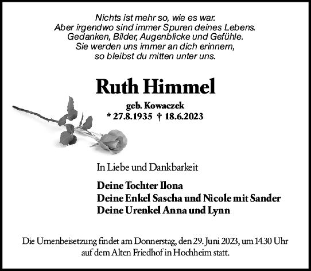  Traueranzeige für Ruth Himmel vom 23.06.2023 aus Hochheimer Zeitung
