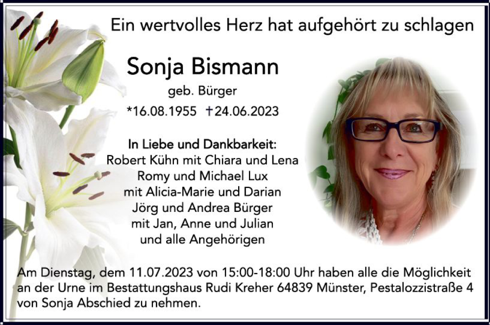  Traueranzeige für Sonja Bismann vom 29.06.2023 aus Dieburger Anzeiger/Groß-Zimmerner Lokal-Anzeiger