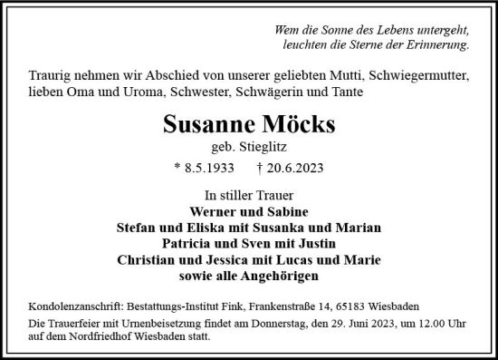 Traueranzeige von Susanne Möcks von Wiesbadener Kurier