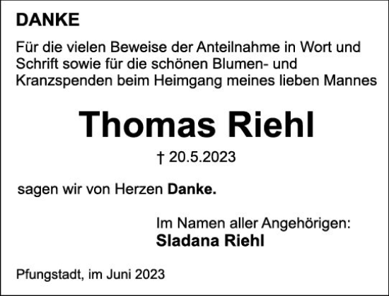 Traueranzeige von Thomas Riehl von Darmstädter Echo