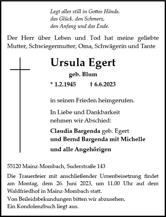 Traueranzeige von Ursula Egert von Allgemeine Zeitung Mainz