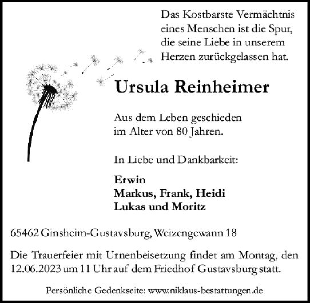  Traueranzeige für Ursula Reinheimer vom 07.06.2023 aus Allgemeine Zeitung Mainz