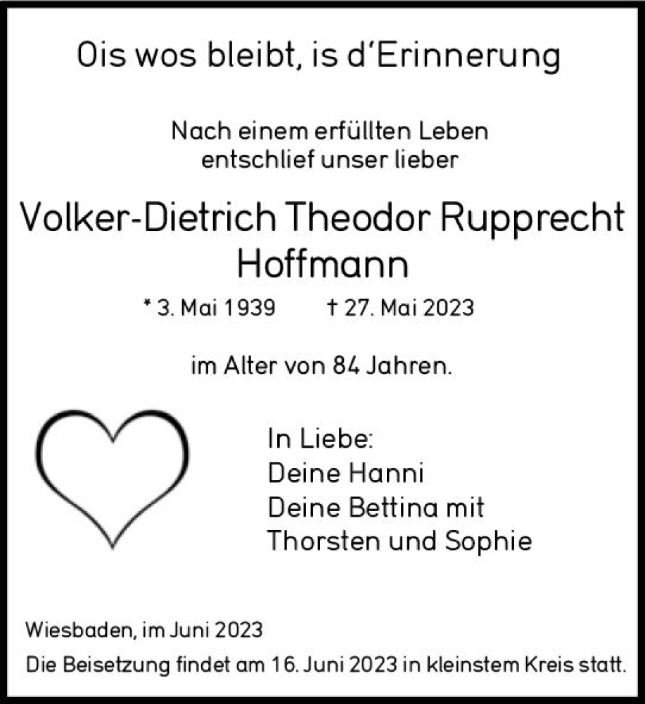  Traueranzeige für Volker-Dietrich Theodor Rupprecht Hoffmann vom 10.06.2023 aus Wiesbadener Kurier
