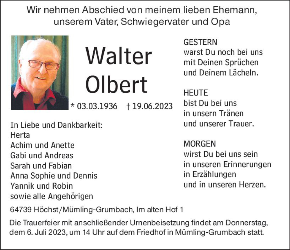  Traueranzeige für Walter Olbert vom 01.07.2023 aus Odenwälder Echo