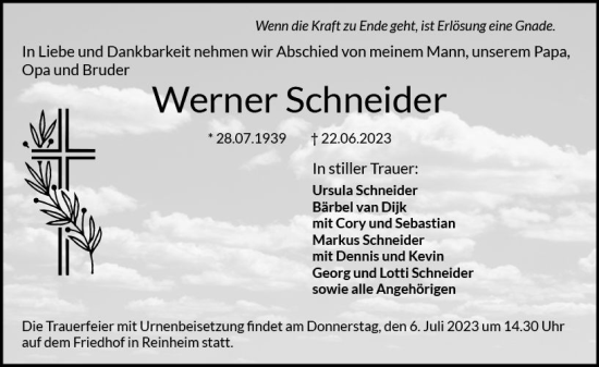 Traueranzeige von Werner Schneider von Darmstädter Echo