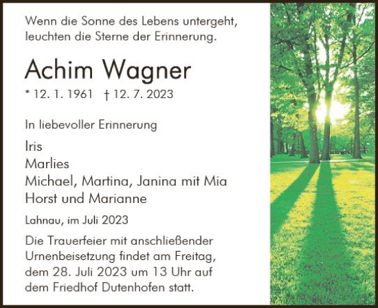 Traueranzeige von Achim Wagner von Wetzlarer Neue Zeitung