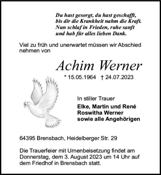 Traueranzeige von Achim Werner von Darmstädter Echo