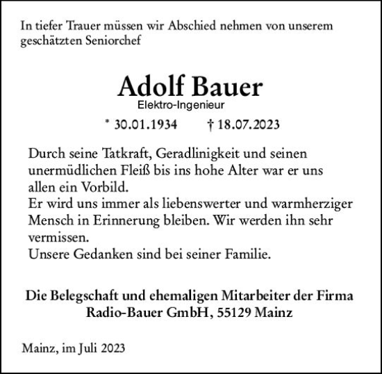 Traueranzeige von Adolf Bauer von Allgemeine Zeitung Mainz