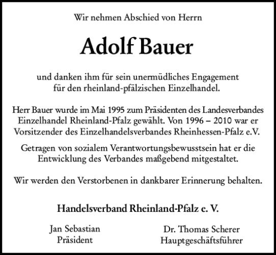 Traueranzeige von Adolf Bauer von Allgemeine Zeitung Mainz