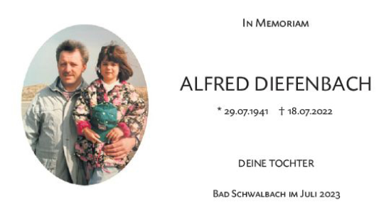 Traueranzeige von Alfred Diefenbach von Wiesbadener Kurier