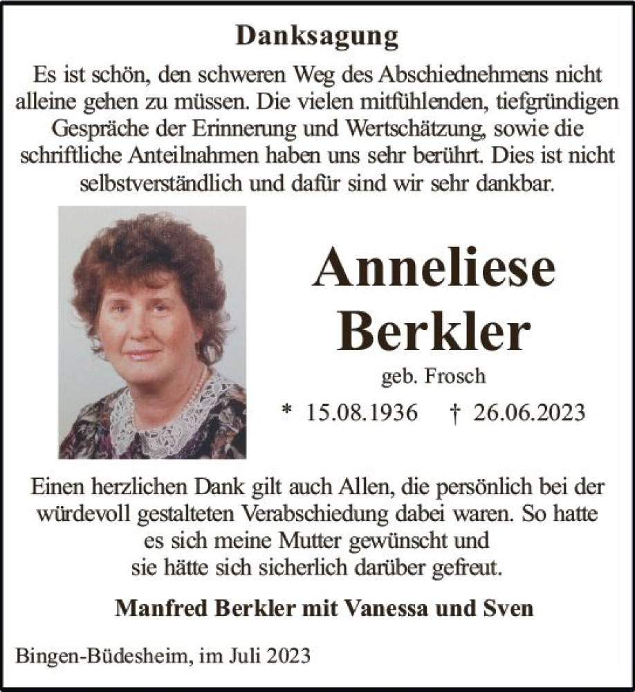  Traueranzeige für Anneliese Berkler vom 29.07.2023 aus Allgemeine Zeitung Bingen/Ingelheim
