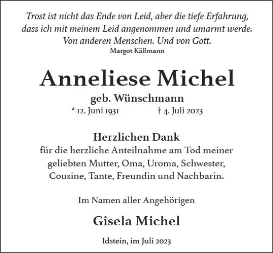 Traueranzeige von Anneliese Michel von Wiesbadener Kurier