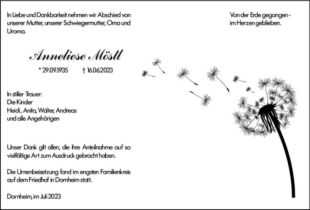  Traueranzeige für Anneliese Möstl vom 22.07.2023 aus Groß-Gerauer Echo