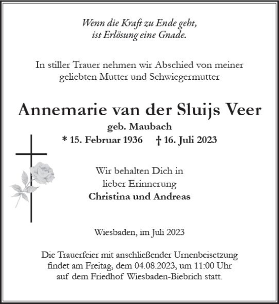 Traueranzeige von Annemarie van der Sluiis Veer von Wiesbadener Kurier