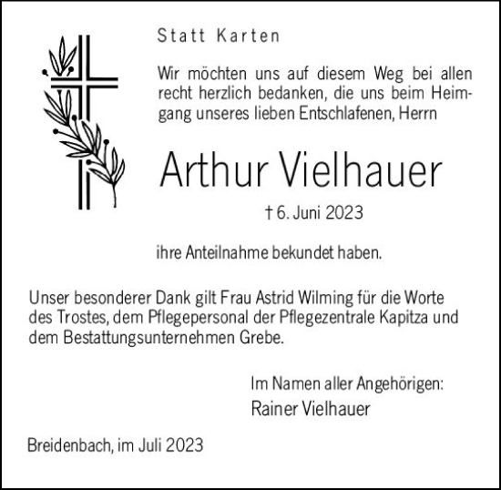 Traueranzeige von Arthur Vielhauer von Hinterländer Anzeiger