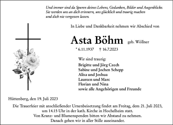 Traueranzeige von Asta Böhm von Nassauische Neue Presse