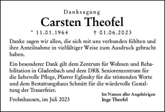 Traueranzeige von Carsten Theofel von Dill Block