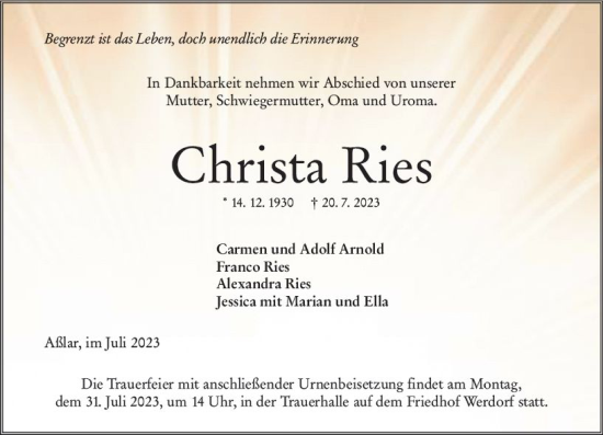 Traueranzeige von Christa Ries von Wetzlarer Neue Zeitung