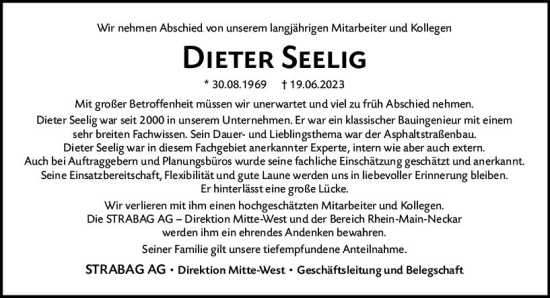 Traueranzeige von Dieter Seelig von Darmstädter Echo
