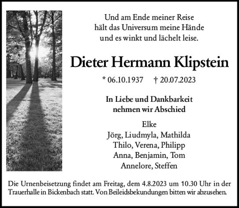  Traueranzeige für Dieter Hermann Klipstein vom 29.07.2023 aus Darmstädter Echo