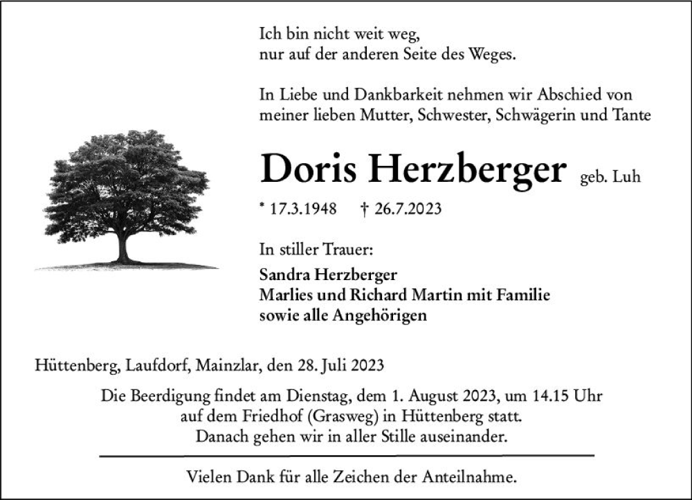 Traueranzeige für Doris Herzberger vom 28.07.2023 aus Wetzlarer Neue Zeitung