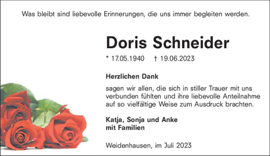 Traueranzeige von Doris Schneider von Hinterländer Anzeiger