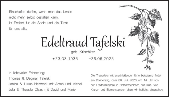Traueranzeige von Edeltraud Tafelski von Dill Block