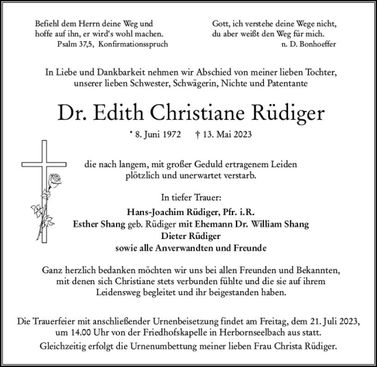 Traueranzeige von Edith Christiane Rüdiger von Dill Block