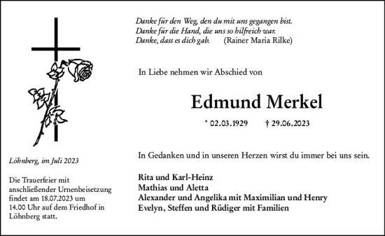 Traueranzeige von Edmund Merkel von Weilburger Tageblatt